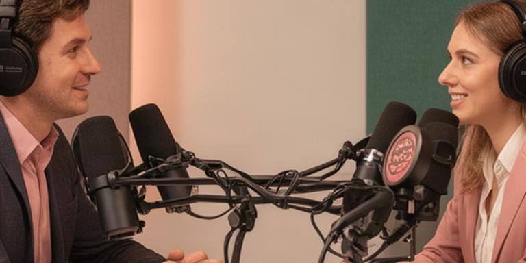 Twee zakelijke gasten aan een tafel met microfoons tijdens een podcastopname