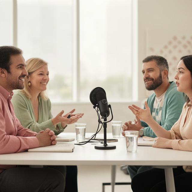 Diverse medewerkers van een maatschappelijke organisatie in gesprek rond een microfoon in een lichte vergaderruimte